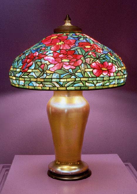 Peony Table Lamp, c. 1900-1910, leaded glass, blown glass, patinated bronze, 31 1/2 x 22 inches